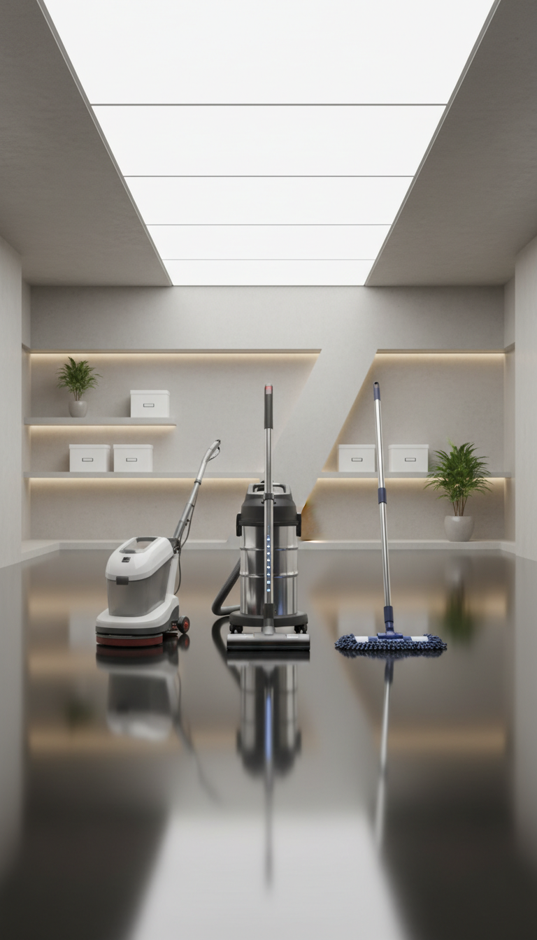 A meticulously arranged selection of modern cleaning equipment—sleek stainless steel vacuum cleaner, compact floor scrubber with polished plastic finish, and pristine blue microfiber mop—displayed on a spotless, reflective floor in a contemporary showroom environment. Neutral-toned walls and subtle geometric shelving in the background enhance the organized, corporate aesthetic. Illuminated by diffused, even overhead lighting that creates soft shadows and highlights the clean lines of each product. The shot is captured from an eye-level perspective with a balanced, symmetrical composition, emphasizing professionalism and reliability. Photographic realism and a minimalist, structured layout reinforce the brand’s commitment to quality and order, making the image ideal for a corporate services homepage.